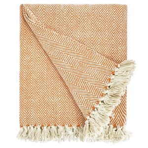 Herringbone Stripe Cotton Throw Blanket Fringes - orange