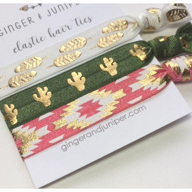 Hair Ties set - Feathers, Cacti on green, Pink Aztec - TheArtsyBox
